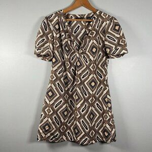 Geometric Print Dress Short‎ Sleeve V Neck Brown Black White Mini Retro Preppy